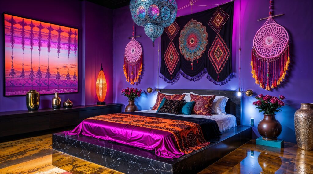 Moroccan Bedroom Design Ideas Purple Walls with Gallery-Style Textile Art
