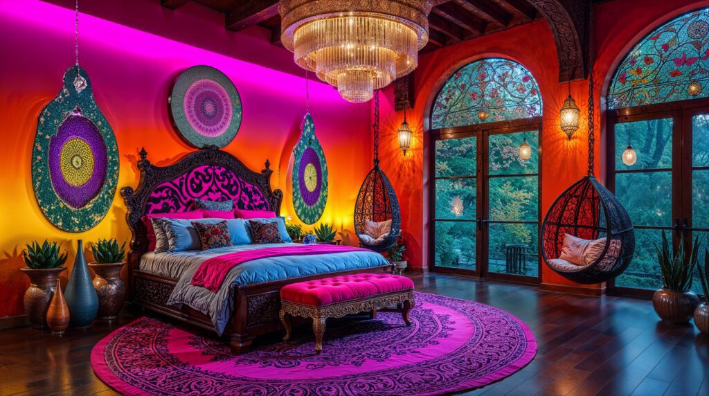 Moroccan Bohemian Bedrooms Featuring Sunset Walls and Architectural Drama