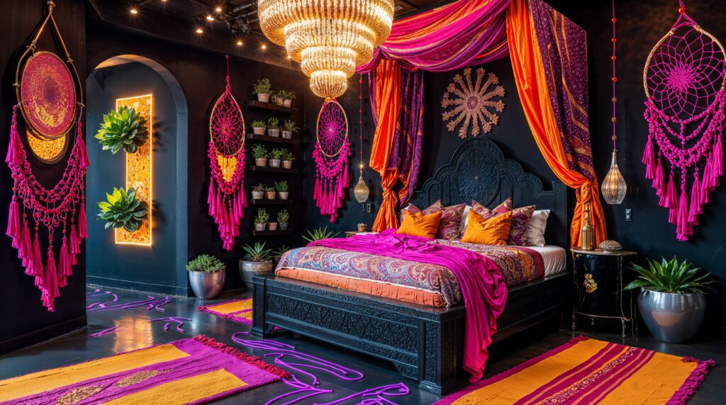 Moroccan Fall Decor Dark Walls with Dramatic Canopy and Macrame Gallery