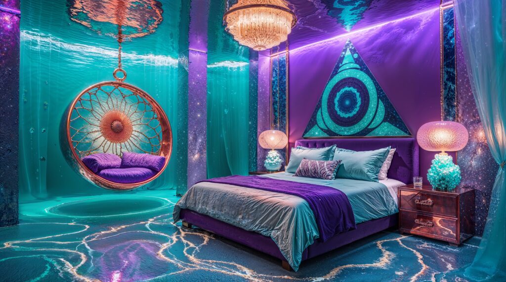 Mystical Ocean Bedroom Ideas with Sacred Geometry and Hanging Sanctuary