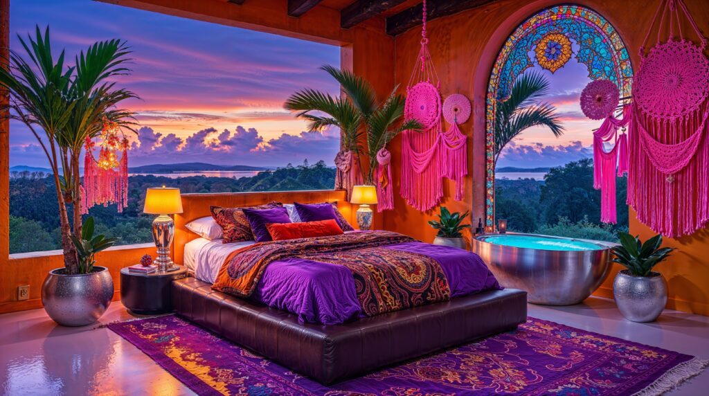 Open-Air Moroccan Boho Bedroom with Pink Macrame and Sunset Views