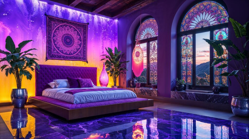 Stained Glass Paradise Purple and Gold Moroccan Boho Bedroom Design