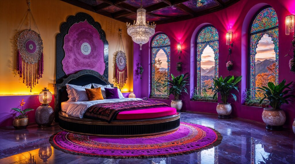Moroccan Boho Bedroom with Stained Glass Arches and Circular Platform Bed