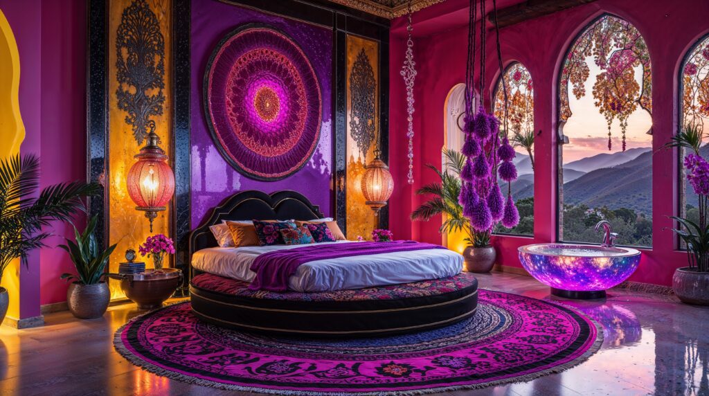 Sunset Mandala Moroccan Boho Bedroom with Illuminated Crystal Bathtub