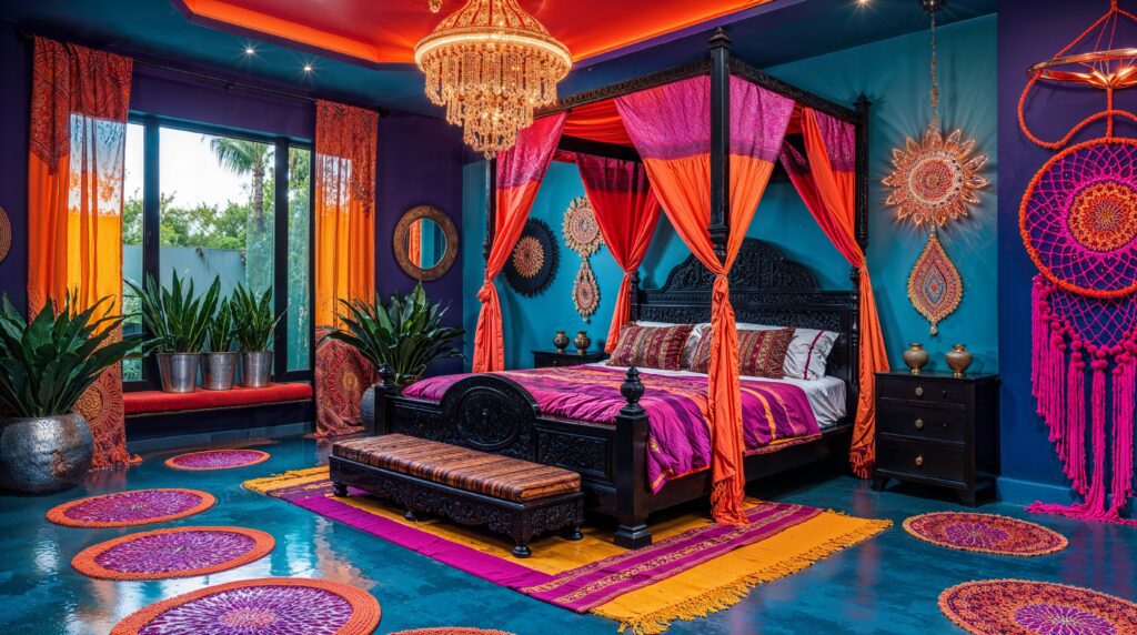 Turquoise Drama Meets Canopy Bed Luxury in This Moroccan Bohemian Paradise