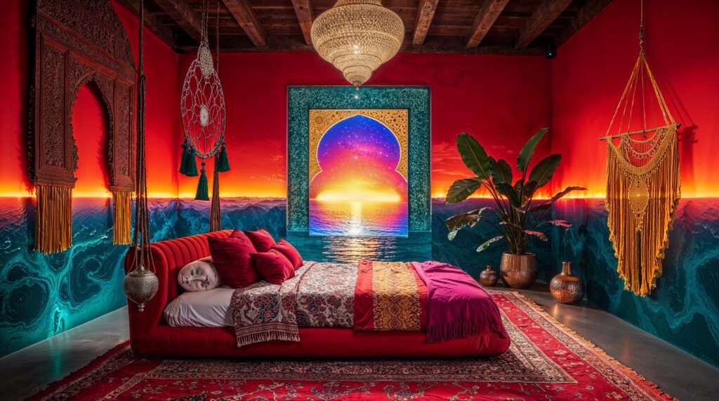 Fall Moroccan Bedroom with Carved Archways and Ocean Sunset Views