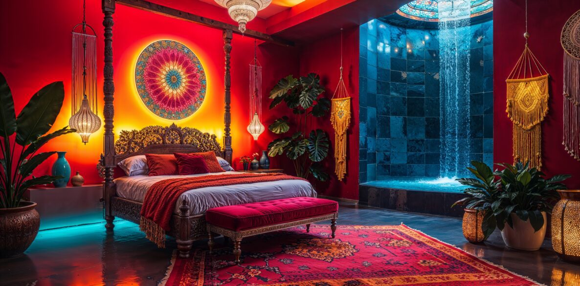 Sunset Spice Blaze: 9 Cozy Bohemian Moroccan Bedrooms in Deep Red and Burnt Orange