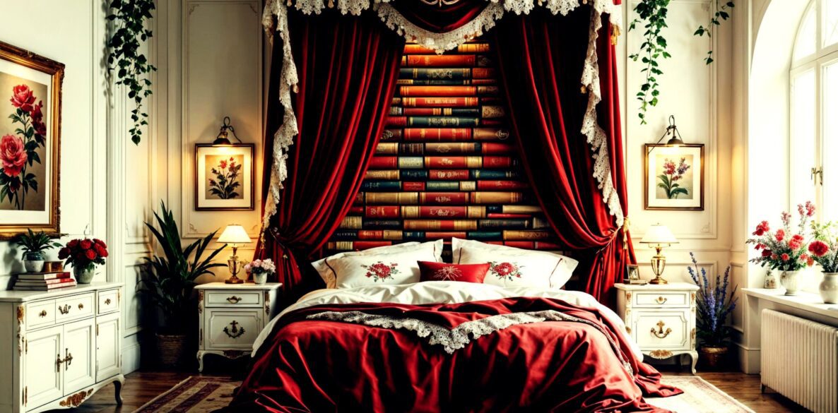 Cherry Red Bedroom Ideas - Cherry Red and White Bedrooom with Book Spine Headboard