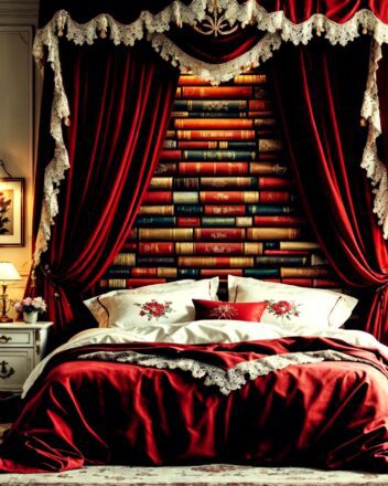 Cherry Red Bedroom Ideas - Cherry Red and White Bedrooom with Book Spine Headboard