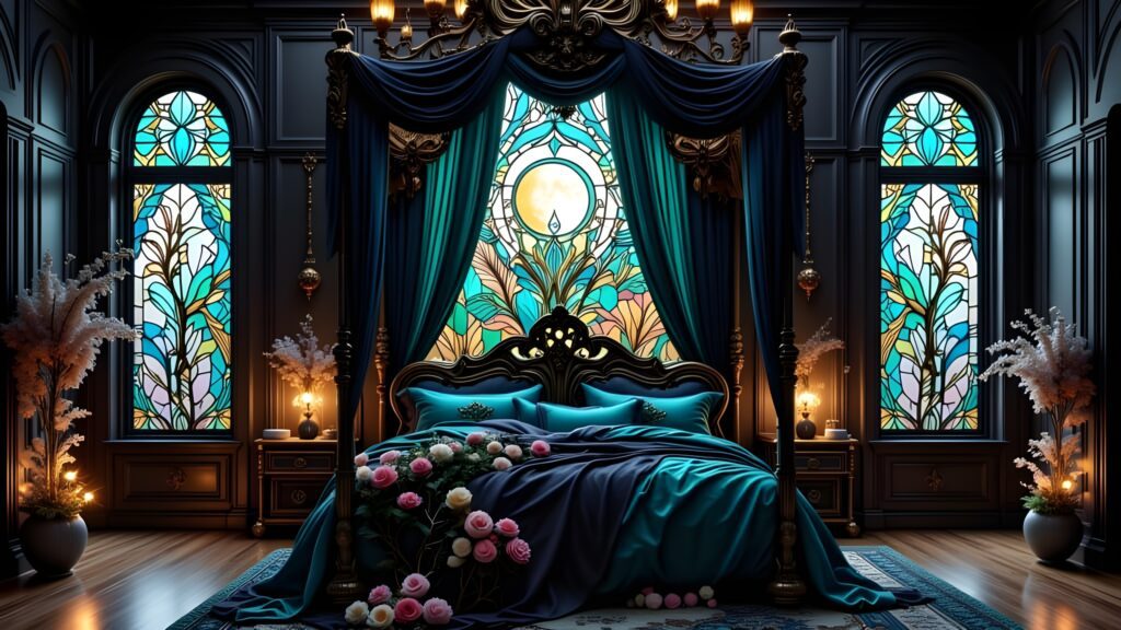 Dark black Blue stained glass castlecore bedroom decor ideas