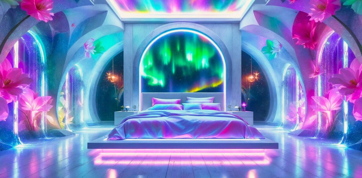 Enchanting Iridescent holographic Aurora neon futuristic bedroom decor ideas