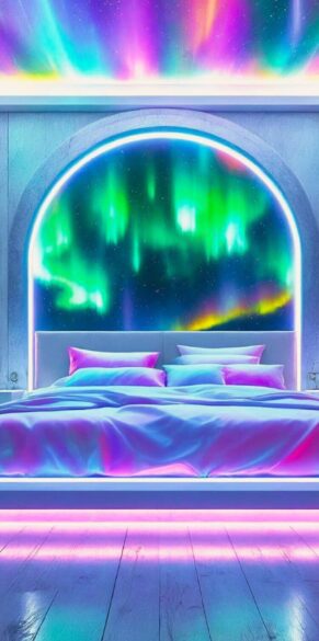 Enchanting Iridescent holographic Aurora neon futuristic bedroom decor ideas