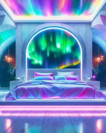 Enchanting Iridescent holographic Aurora neon futuristic bedroom decor ideas