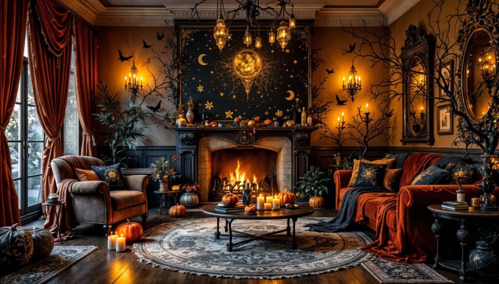 Eclectic Burnt Orange and Black Celestial Whimsigoth Halloween Bedroom