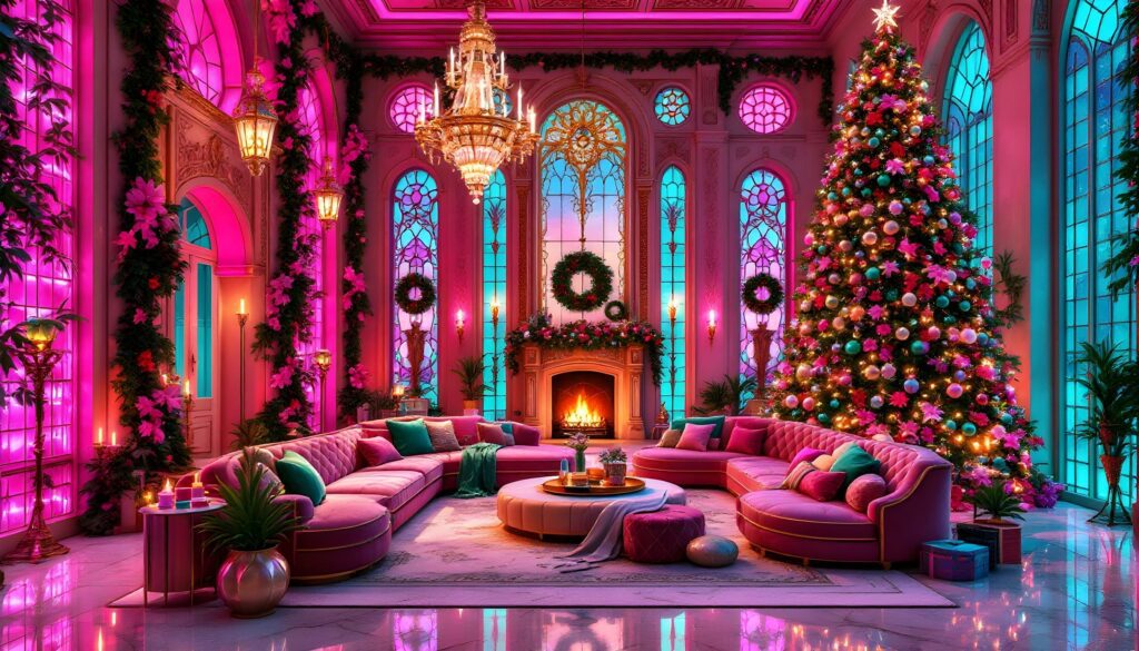Bold Pinkmas Living Room - Pink and Green Velvet Luxury Christmas Decor Trends