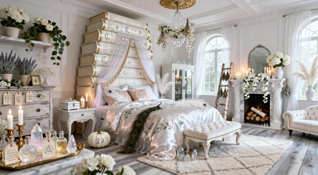 Academic yet Luxurious Bright Ethereal White Interiors - Dreamy LIght Academia Bedroom Interior Design Idea