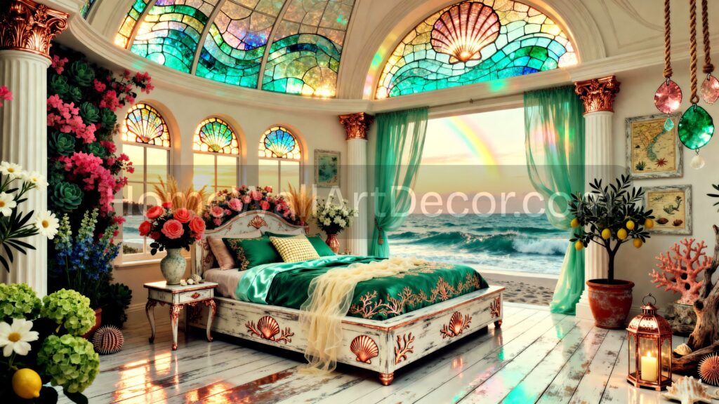 Charming Luxurious Garden Cottage withRainbow Exotic Jungle Bedroom - Whimsical Glass Interiors with Dichroic Glass