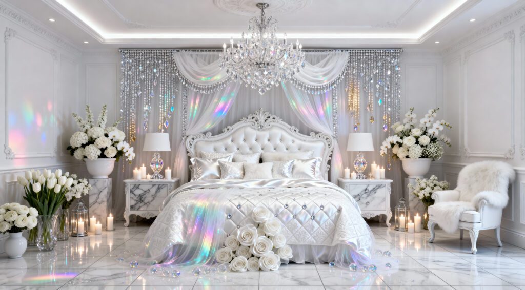 Dazzling Ethereal White Interior Design Ideas - Pristine White Dream Floral Bedroom
