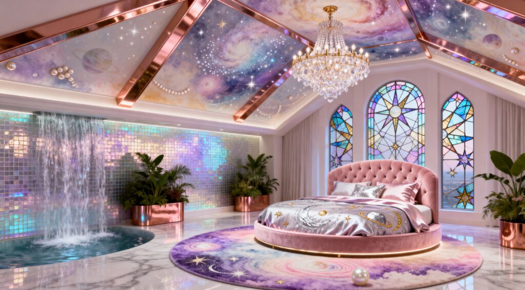 Dreamy Ethereal White Interiors - Light White and Pink Primary Bedroom with Waterfall Water Feature with Irridescent accents
