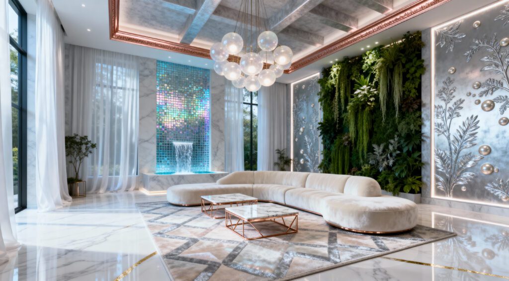 Ethereal White Interior - Dreamy Luxurious Ethereal White Living Room with Iridescent Accents
