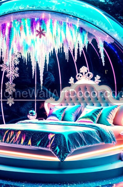 Fantasy Winter Bedroom | Neon Glass Dome Art | Digital Download