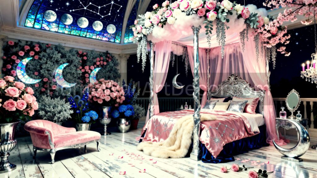 Floral Lunar Feminine Pink Floral Bedroom with Dichroic Glass Whimsical Glass Interior
