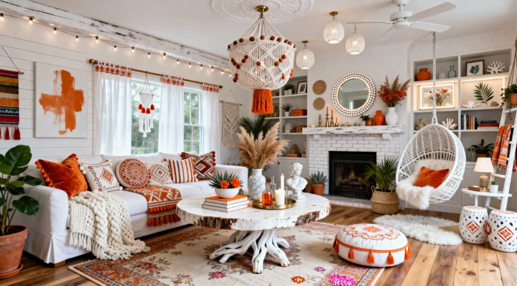 Rustic Ethereal White Interiors - Rustic Burnt Orange and White Fall Ethereal White Living Room Interior Design Idea