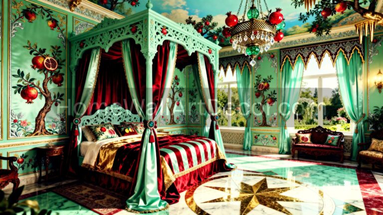 Beautiful Green and Red Feminine Bedroom with a luxurious Rococo Interior Design Idea