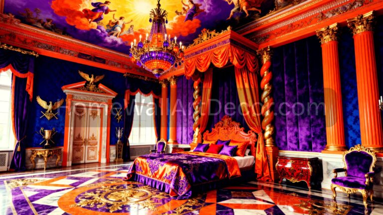 Bright Dopamine Orange and Purple Bedroom Featuring a Russian Rococo Interior Design Style