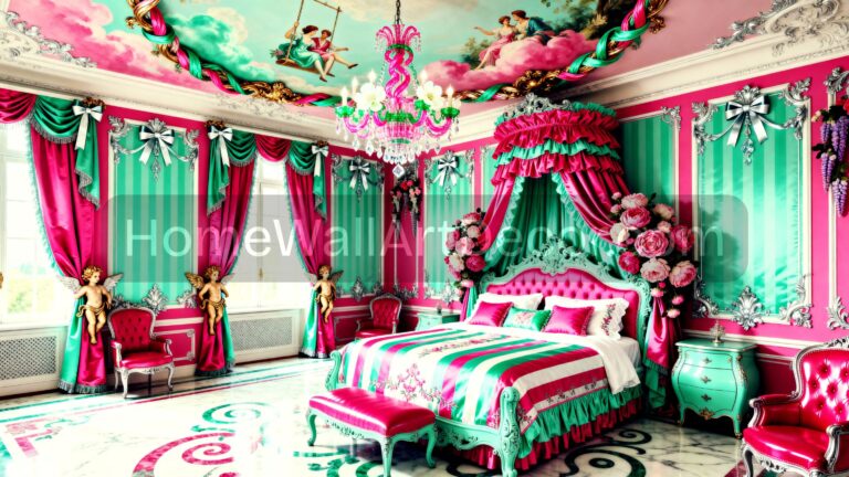 Dream pink and teal luxurious russian Rococo interior design idea for a bedroom