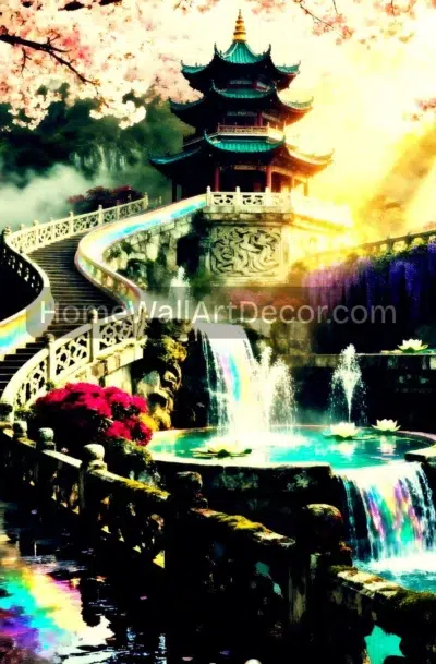 Enchanting Japanese Temple Wall Art | Sakura Rainbow | Digital Print