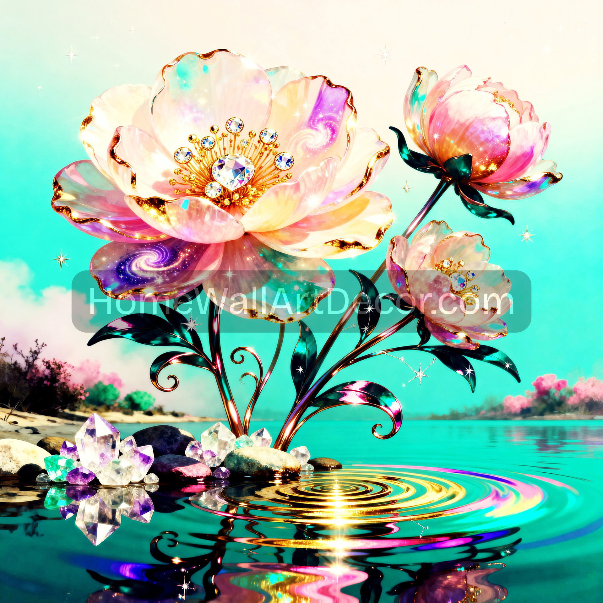 Enchanting Pastel Crystal Flowers | Cosmic Garden Wall Art
