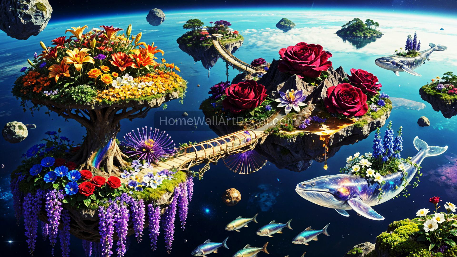 Ethereal Floating Island Garden Art | Cosmic Whale Paradise
