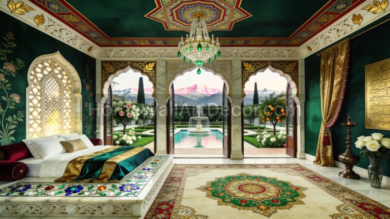 Indian Eclectic Interior Design - Beautiful Green White Jewel Indian Bedroom with Sceneic view