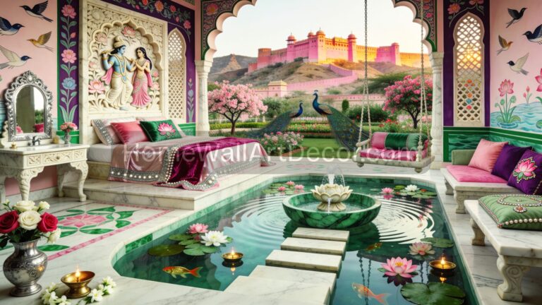 Indian Eclectic Interior Design - Opulent Indian Bedroom with flowers, Pool, view and view