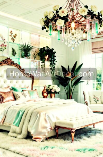 Luxurious White Botanical Bedroom Art | Copper Metallic Greenhouse Sanctuary