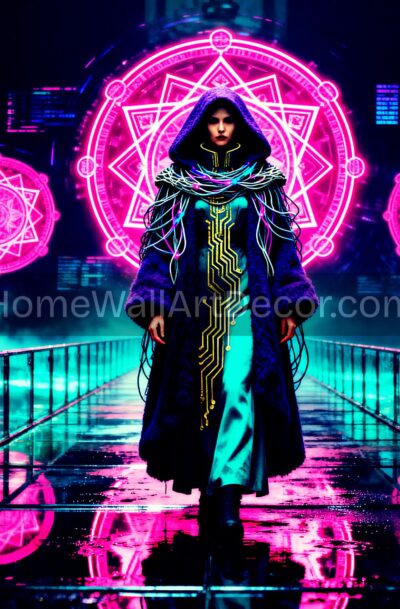 Mysterious Cyberpunk Witch Wall Art | Neon Sacred Geometry | Digital Download