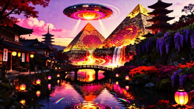 Mystical Japanese Fantasy Landscape Art | UFO Pyramids Twilight Portal