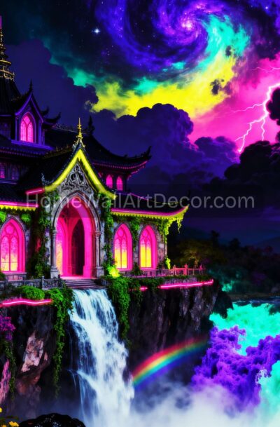 Mystical Neon Temple Waterfall Art Psychedelic Cosmic Pagoda Sanctuary