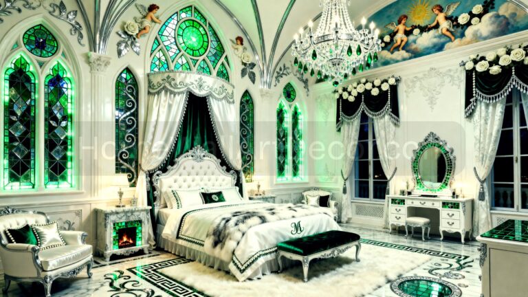 Pristine Luxurious Emerald and Ethereal White Bedroom - Russian Rococo Interior Design Idea