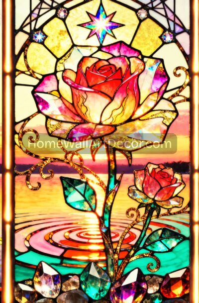 Radiant Rose Stained Glass Triptych Art | Sunset Garden Fantasy | Digital Download