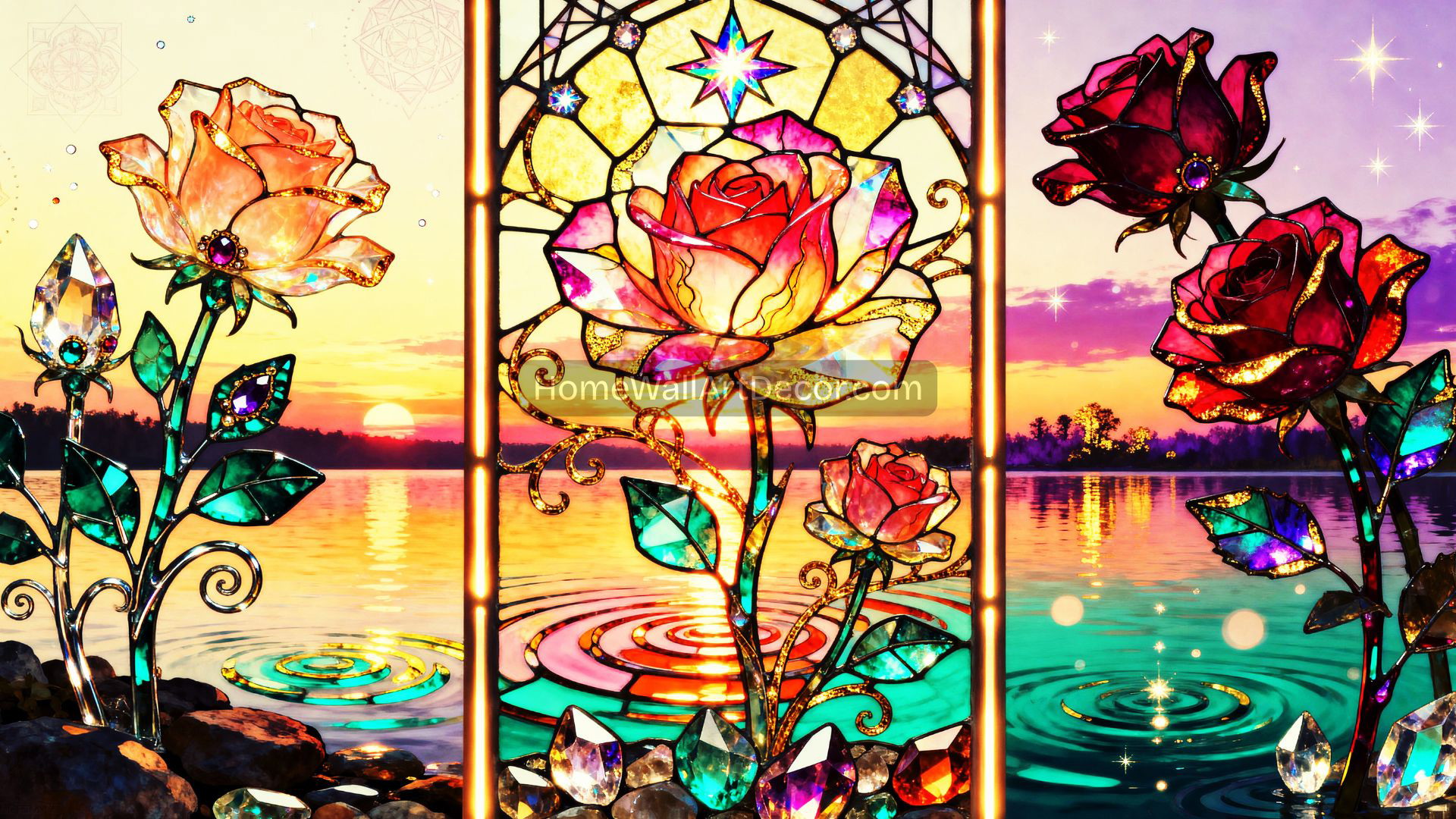 Radiant Rose Stained Glass Triptych Art | Sunset Garden