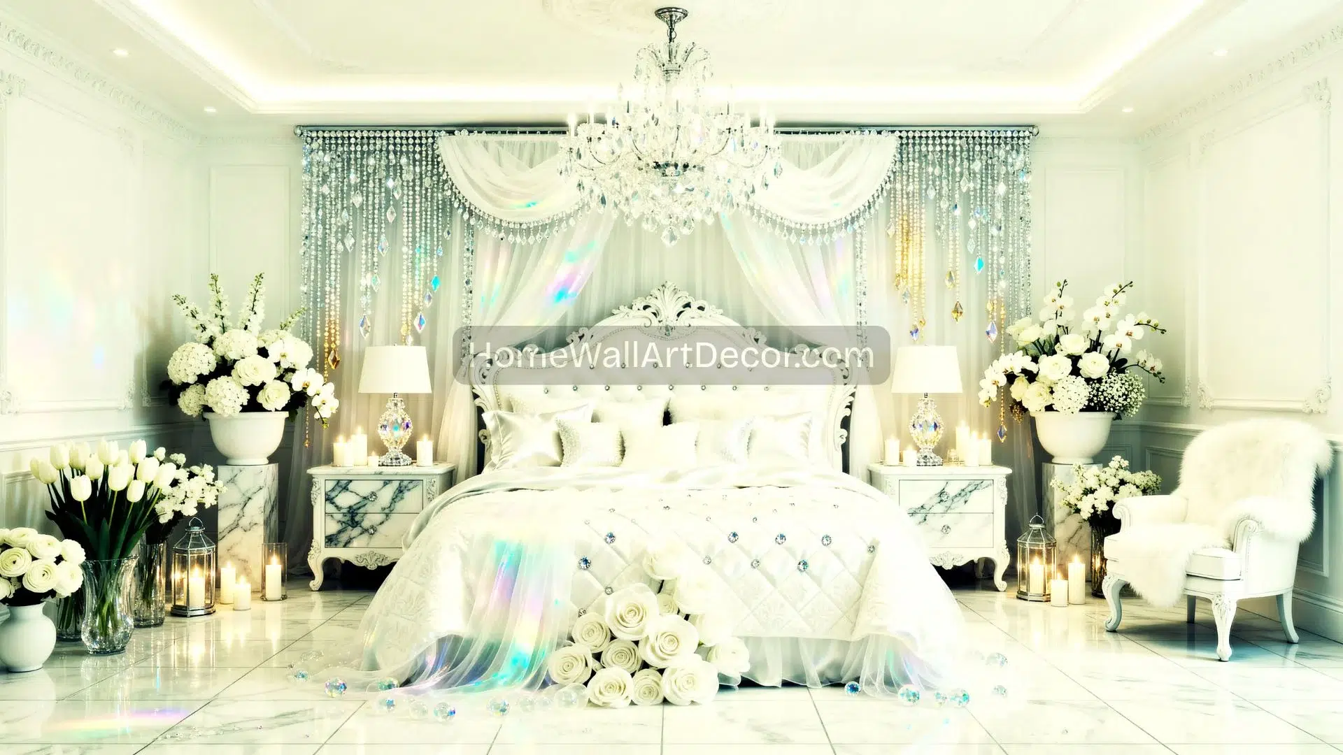 White Luxury Bedroom Art | Crystal Glamour | Digital Download