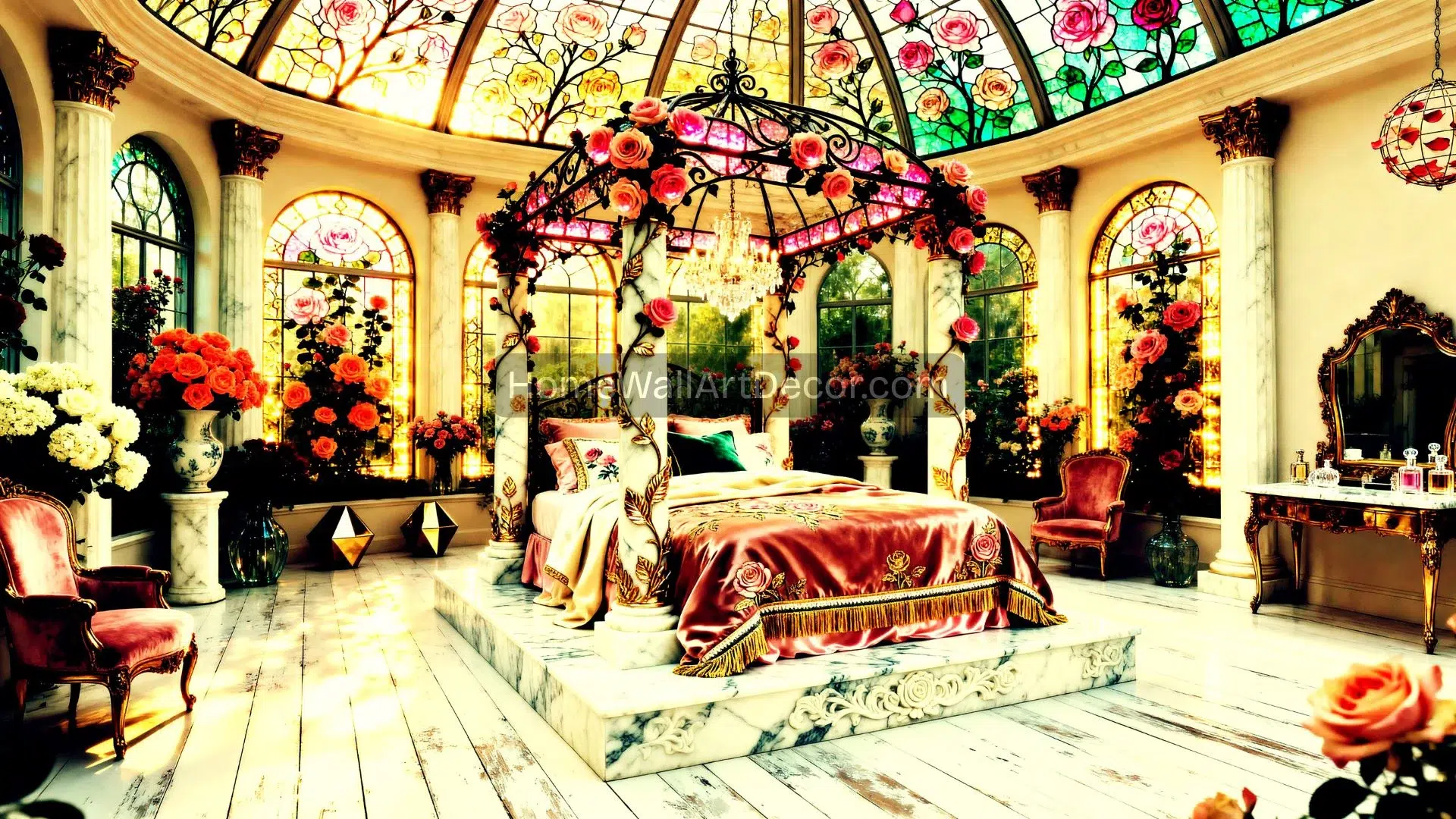 Enchanting Rose Garden Bedroom Art | Stained Glass Floral Decor | Digital Print