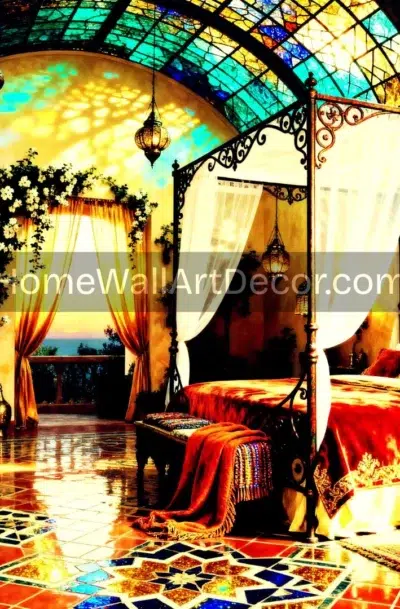 Stunning Mediterranean Sunset Bedroom Art | Stained Glass Print | Pamela Arsena