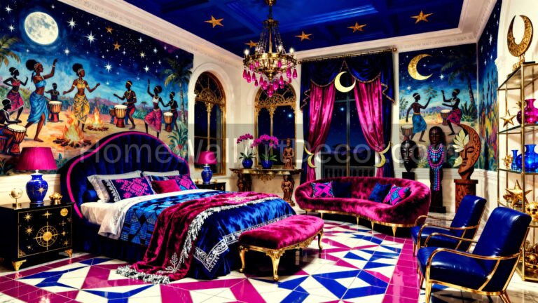 Beautiful Celestial Pink and Blue Afrohemian Bedroom - Eclectic Fred and Gold Afrohemian Bedroom - Bold Afrohemian Bedroom Interior Design