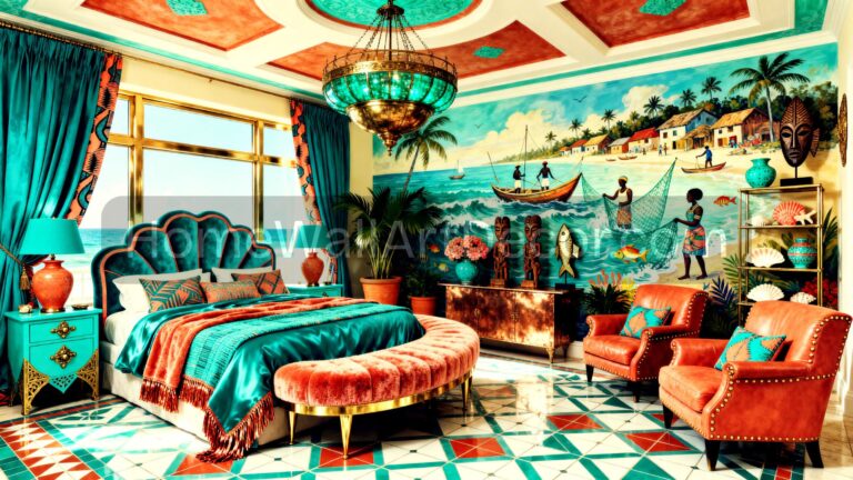 Blue and Coral Coastal Bedroom - Luxurious Afrohemian Interior Design
