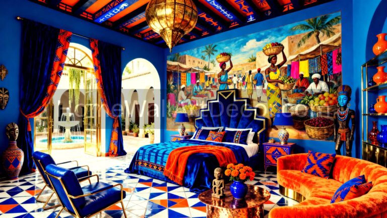 Bright Blue Gold and Orange Playful Afrohemian Bedroom - Bold Blue Romantic Dark Moody Afrohemian Bedroom - Bold Afrohemian Interior Design