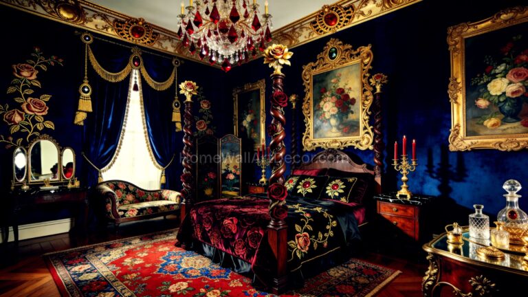 Dark Moody Blue Floral Bedroom Idea - Red Floral Bedroom with Stained Glass - The Rose Cathedral Illuminated Floral Sanctuary