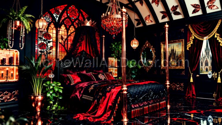 Dark Moody Gothic Stained Glass Black Red Feminine Pink Round Bed - Glam Romantic Bold Pink Dream Romantic Bedroom Ideas